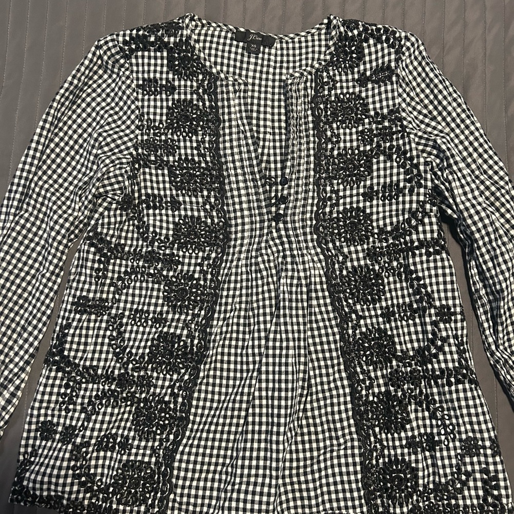 J. Crew Black & White bohemian embroidered gingham blouse.